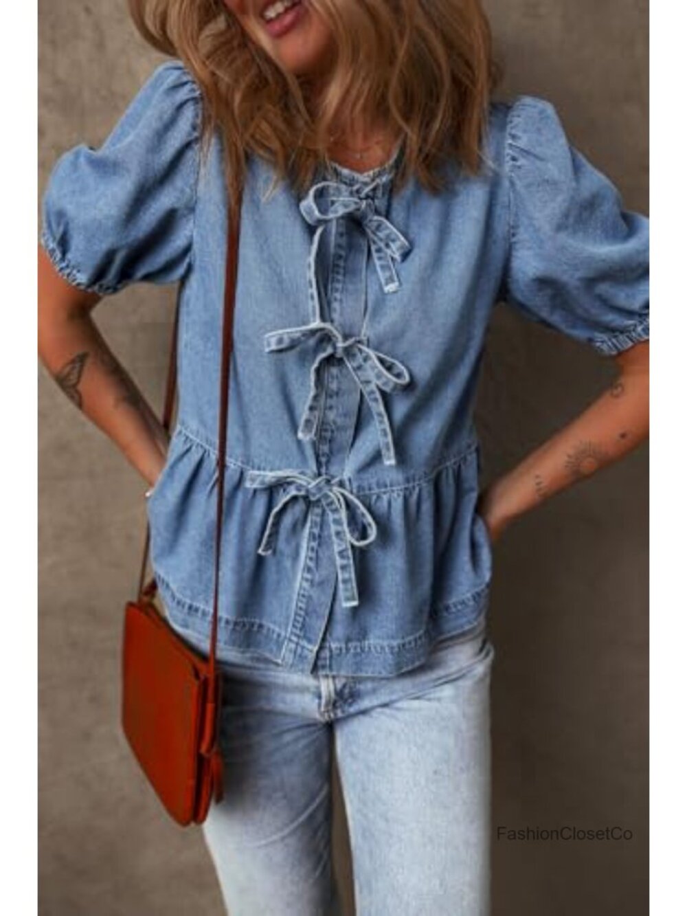 Womens Denim Blouse Bow Tie Front Puff Sleeve Babydoll Peplum Summer Trendy - Picture 5 of 6